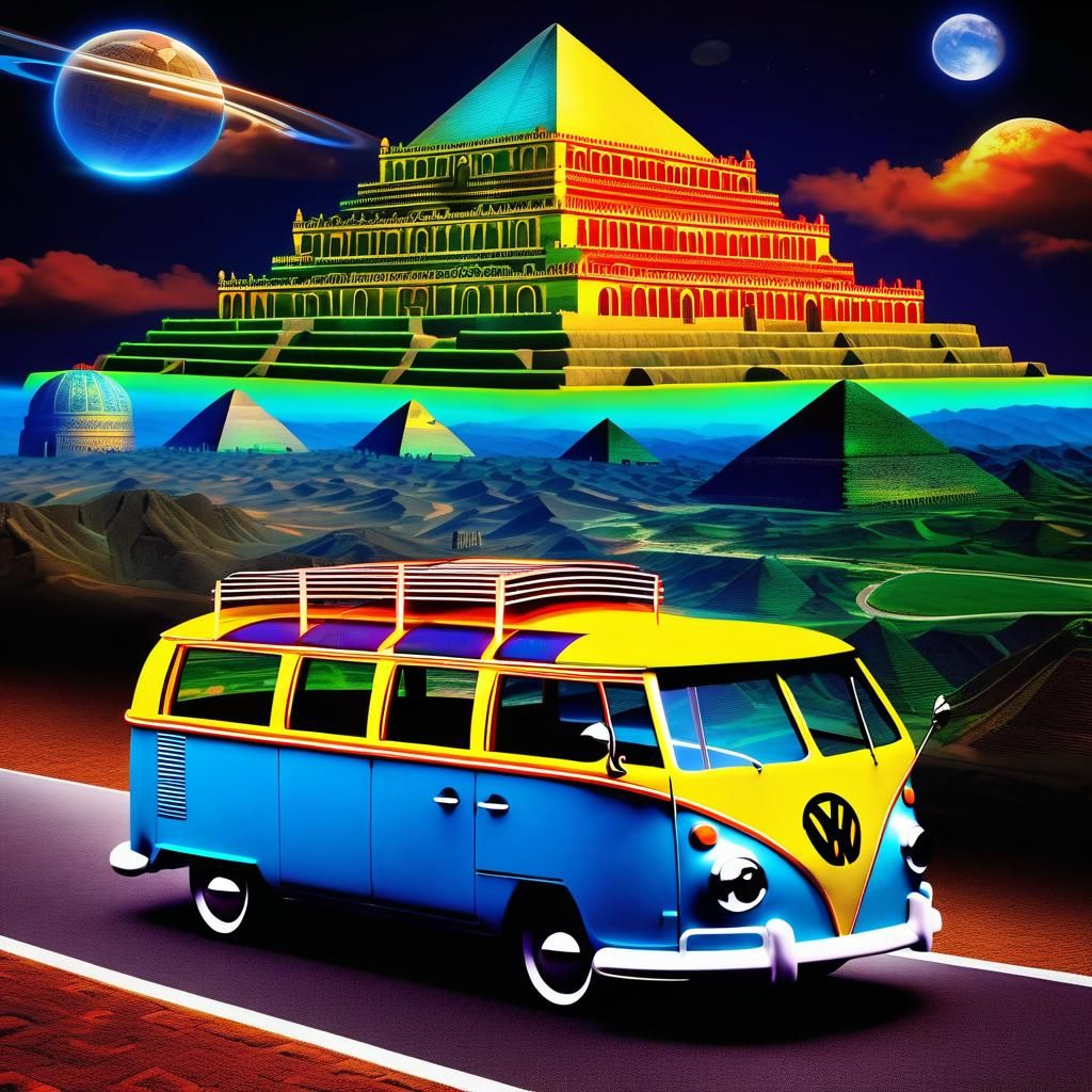 Neon Volkswagen on Antique Map: Surreal Travel