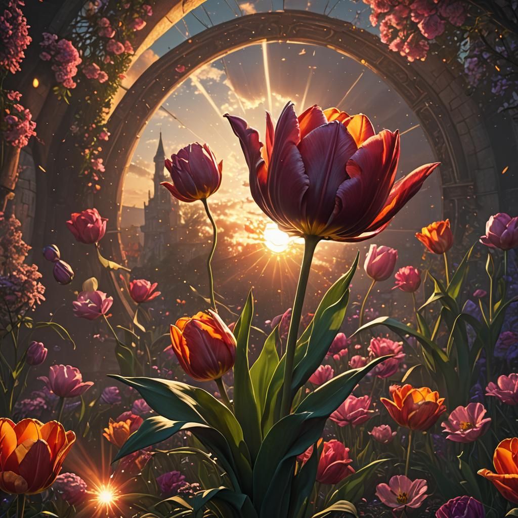 Hybrid Rose-Tulip Flower at Sunset: Dark Fantasy Art