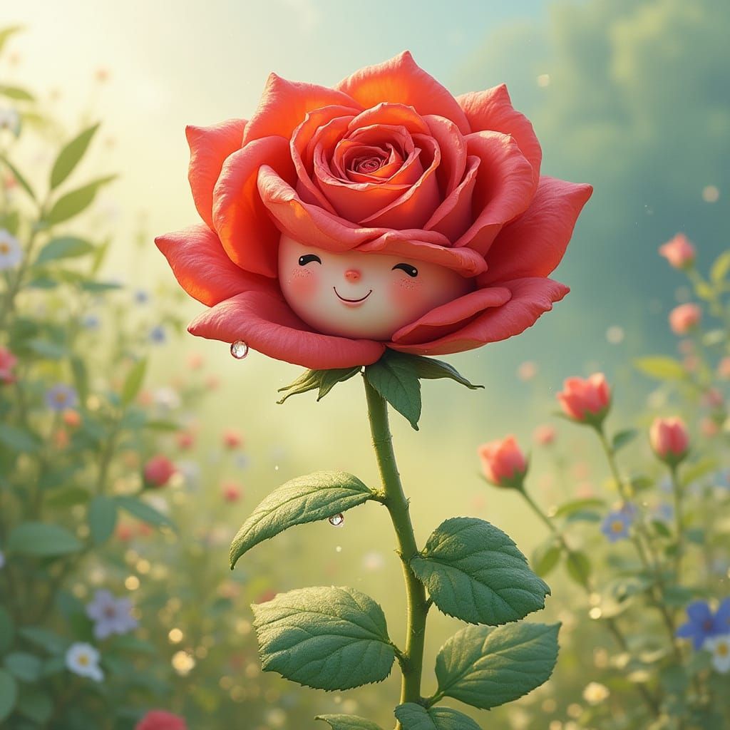 Anthropomorphic Rose Character in Storybook Garden