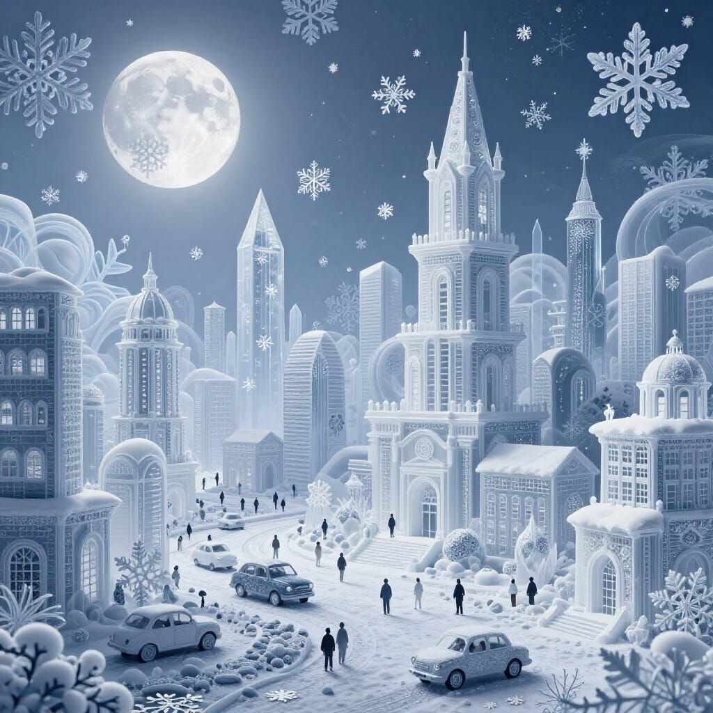 Snowflake Cityscape Under Winter Moon