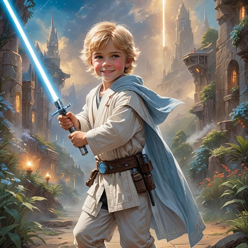 Young Jedi with Lightsaber in Cosmic Sci-Fi Scene