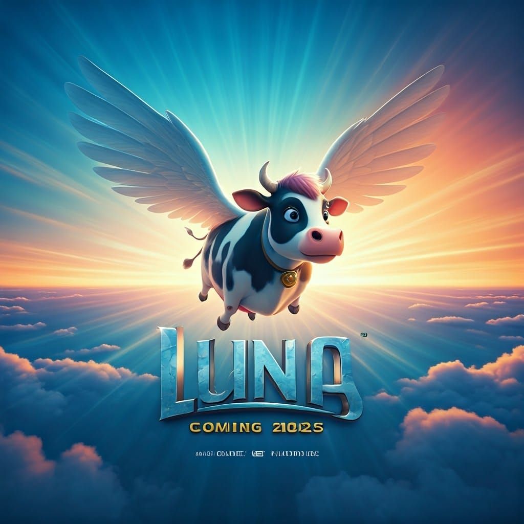 Luna the Flying Cow: A Whimsical Pixar-Inspired Movie Poster