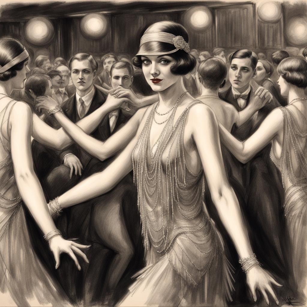1920s Flapper Girl in Charcoal Drawing