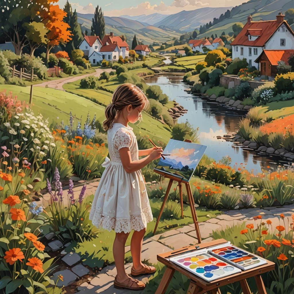 Little Girl Artist Sketching Garden Scenery