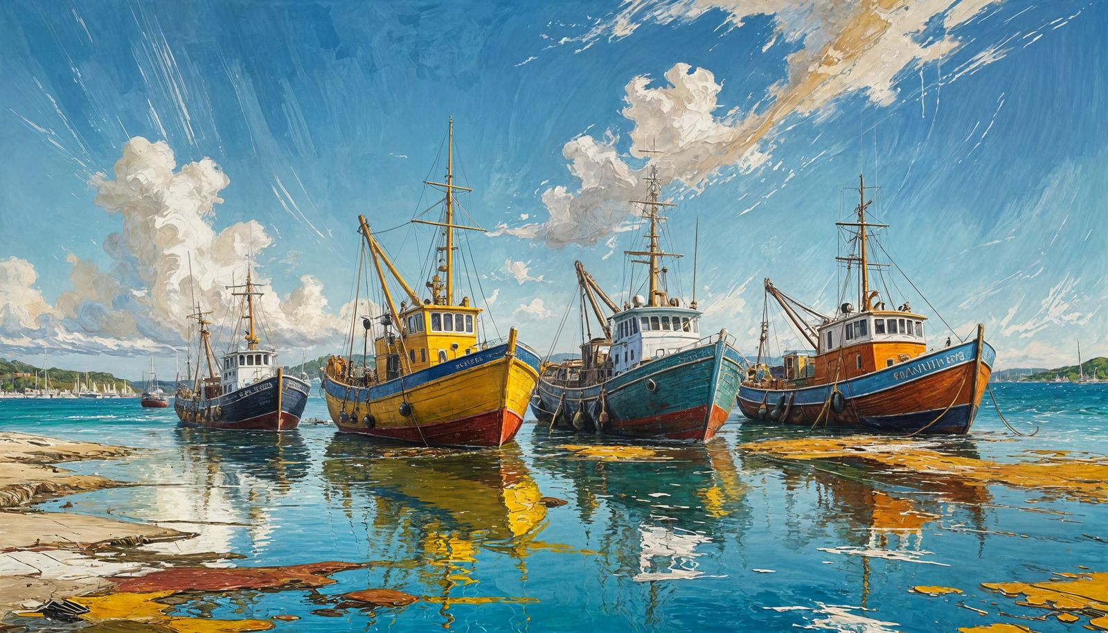 Expressive Seaside Harbour Scene in Vibrant Watercolour and ...