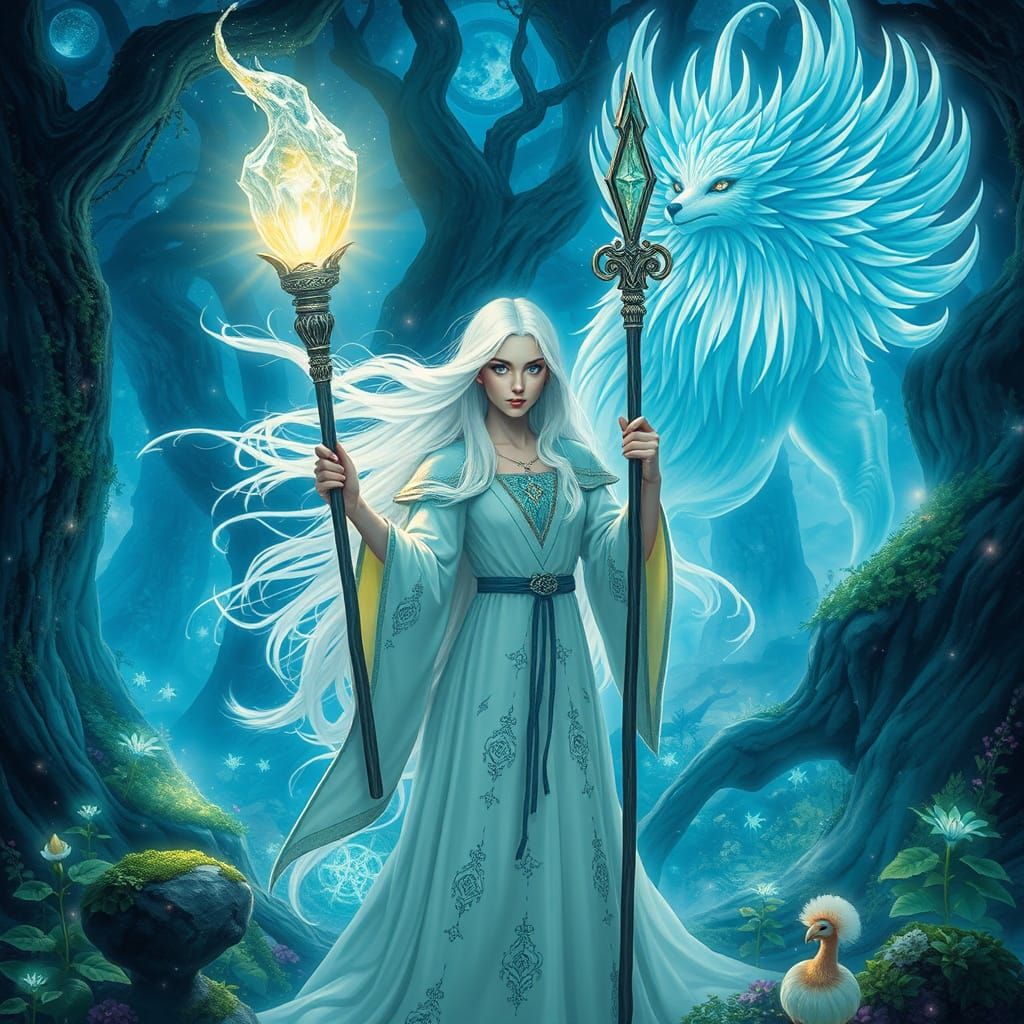 Mystical Sorceress in Vibrant Fantasy Landscape
