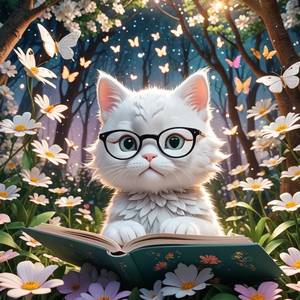 Kitty Reads Book in Floral Forest, Pixar Style