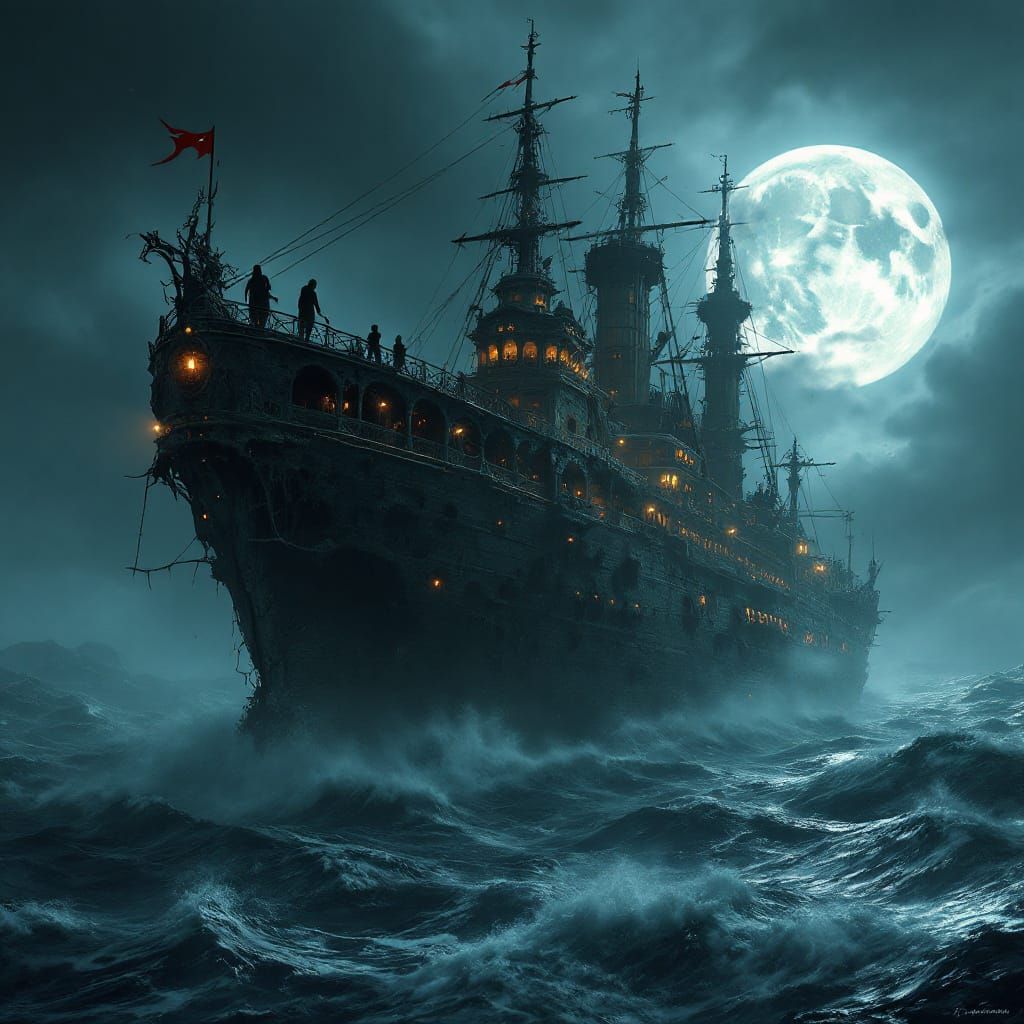 Spectral Airship on Haunted Sea Under Full Moon