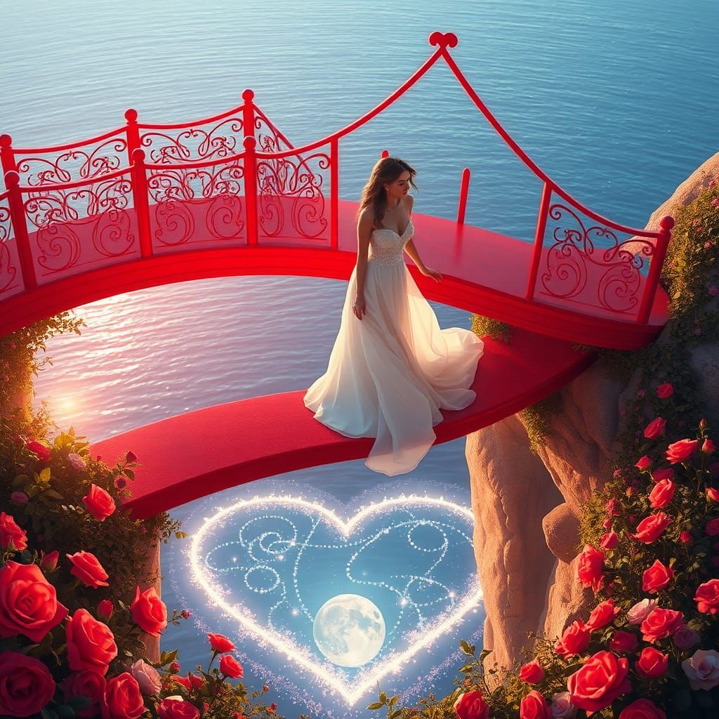 Woman on Red Bridge Above Ocean in Matte Painting Style