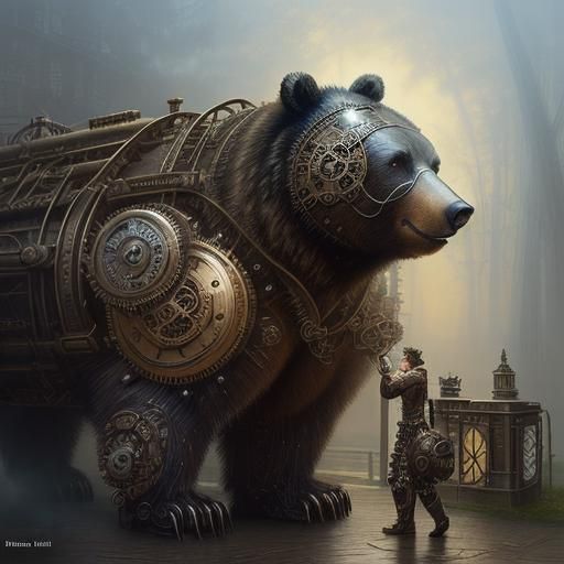 Steampunk Gear Bear in Ethereal Fantasy Landscape