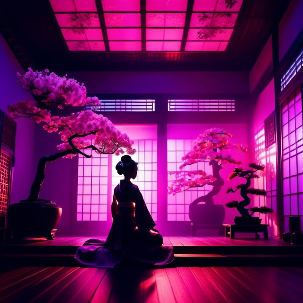 Neon Geisha Silhouette in Japanese Dojo: Lomo Photography