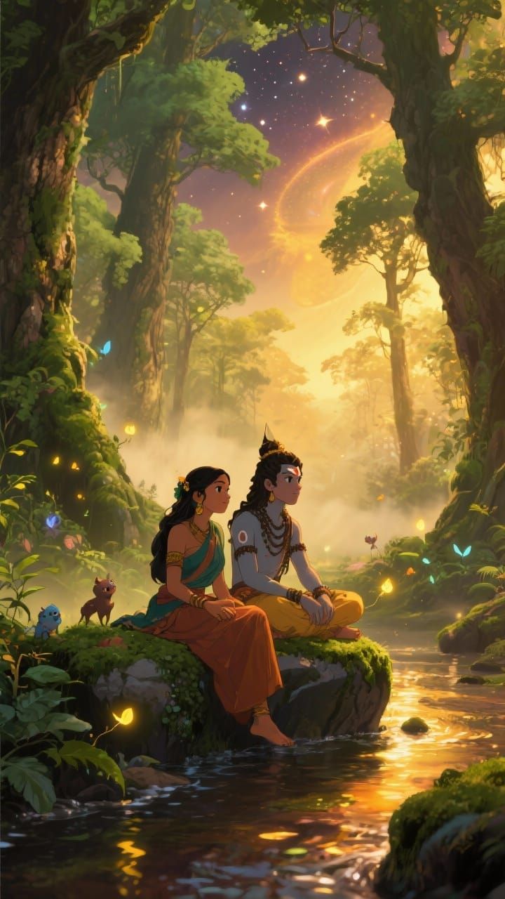 Shiva and Parvati in Enchanted Forest, Anime Style