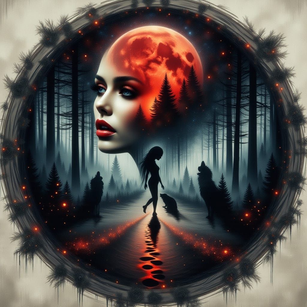 Female Vampire Double Exposure with Red Moon in Oil Painting...