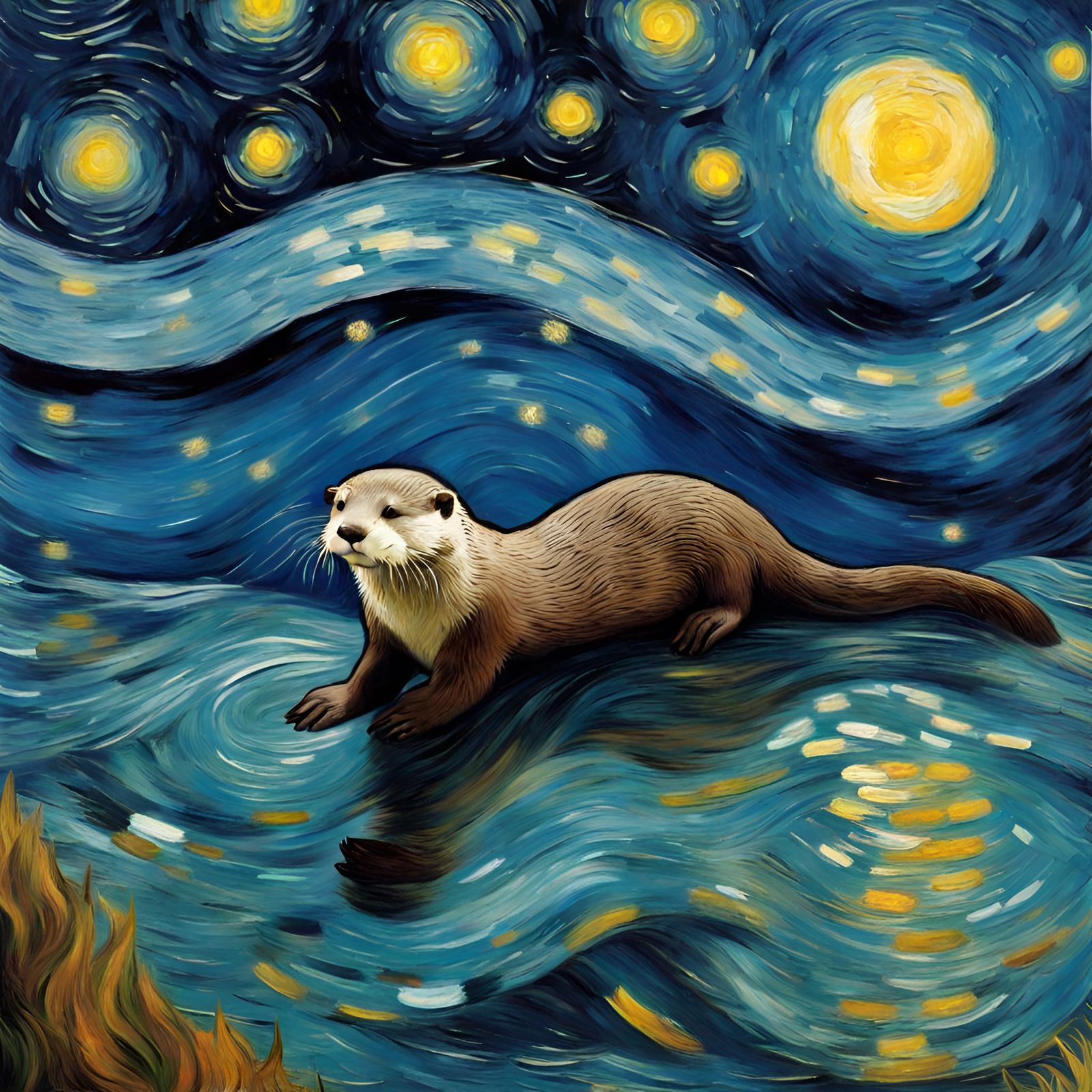 Otter in Starry Night Ocean: Van Gogh Style