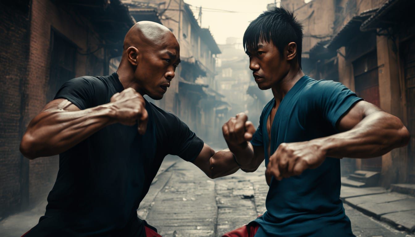 Kung Fu Fighters in Dark Alley: Cinematic Digital Art