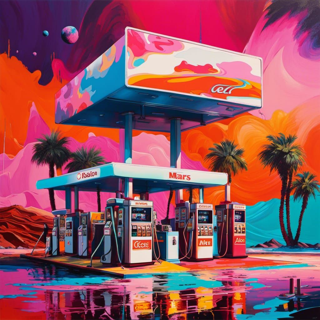 Futuristic Gas Station on Mars: Retro Impressionist Painting