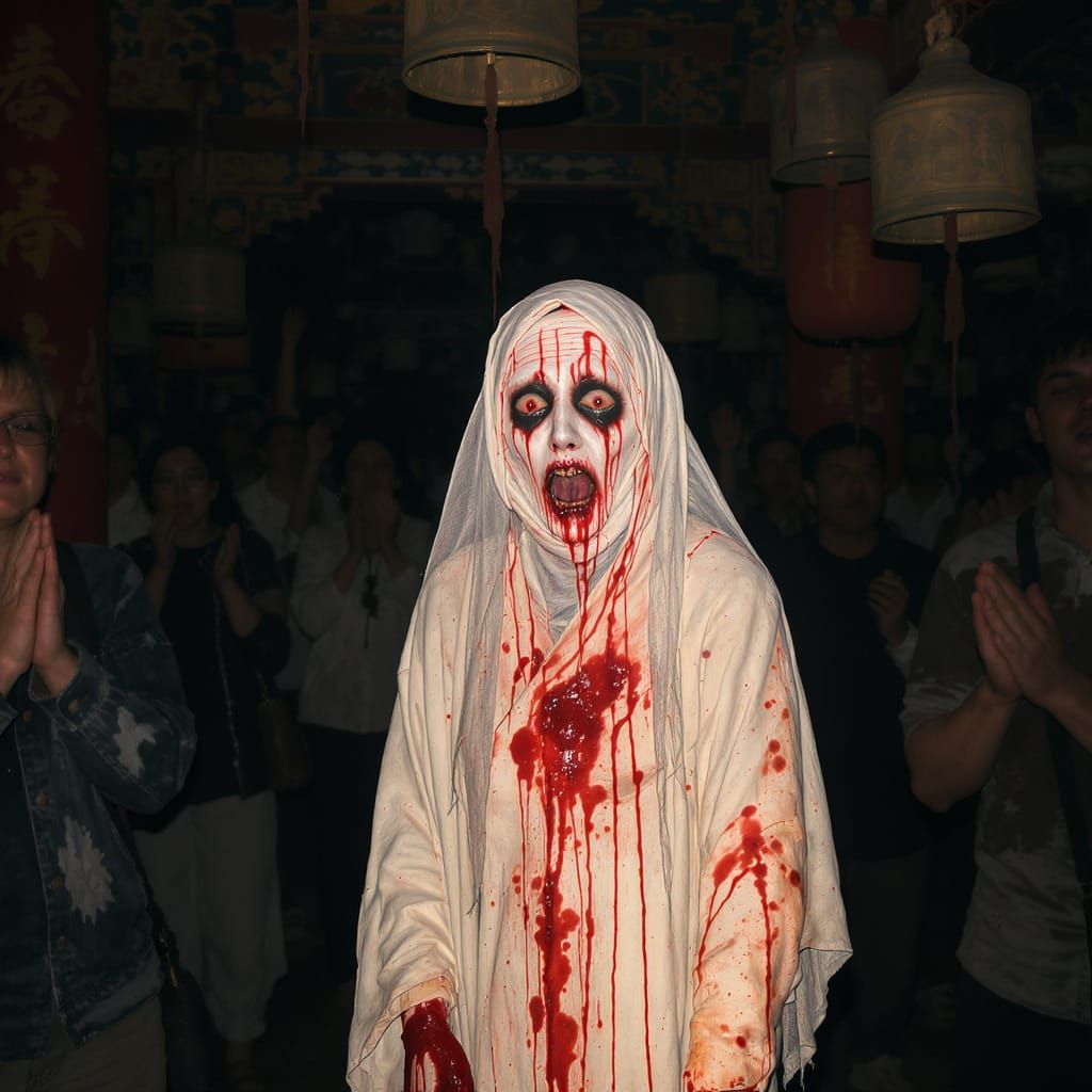 Terrifying Chinese Ghost in a Gloomy Temple Celebration