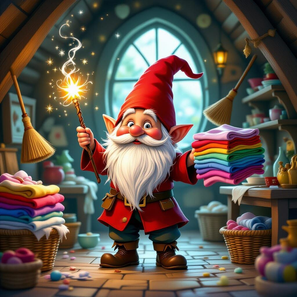 Mischievous Gnome Sorting Magical Laundry in Cozy Cottage