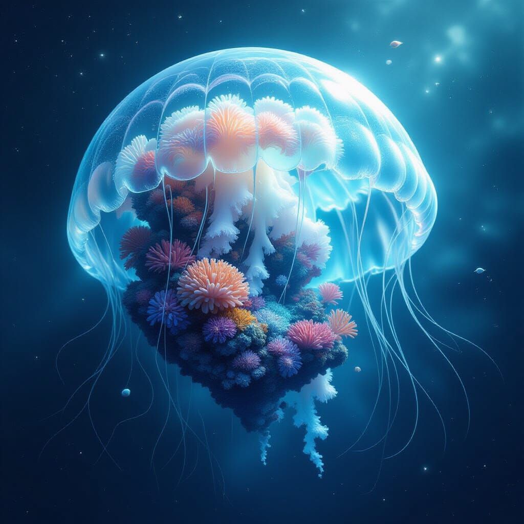Crystalline Jellyfish in Cosmic Deep Space with Coral Reef