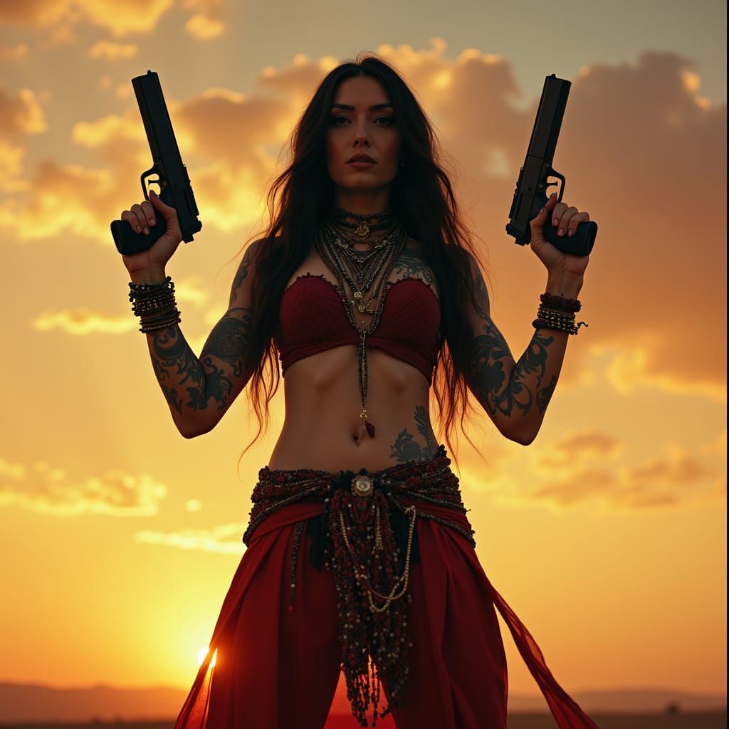 Muscular Woman with Guns at Sunset: Cinematic Film Still