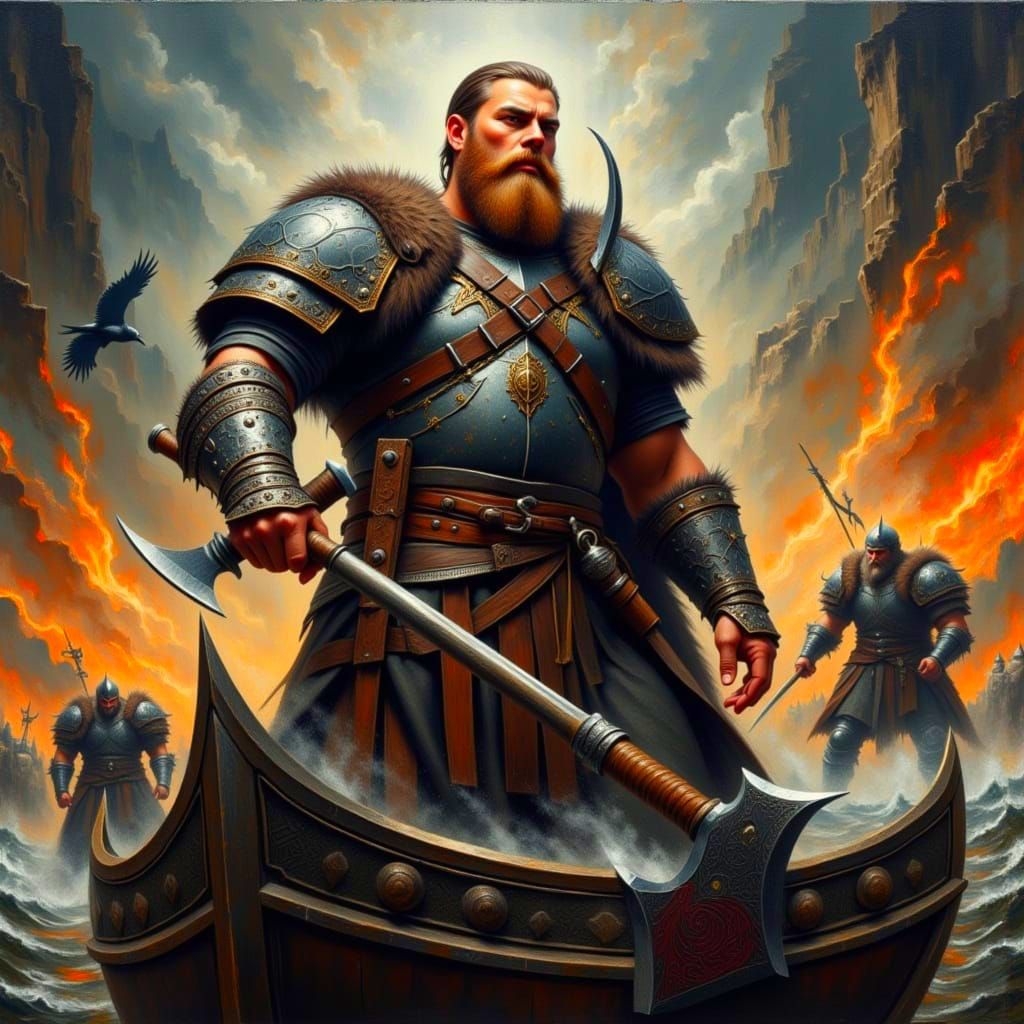 Viking Warrior Sails Uncharted Seas in a Stormy Grunge Oil-P...