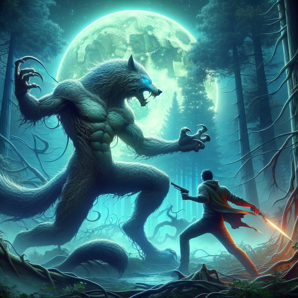 Fantastical Moonlit Combat: Hyper-Realistic Wolf Man vs Vamp...