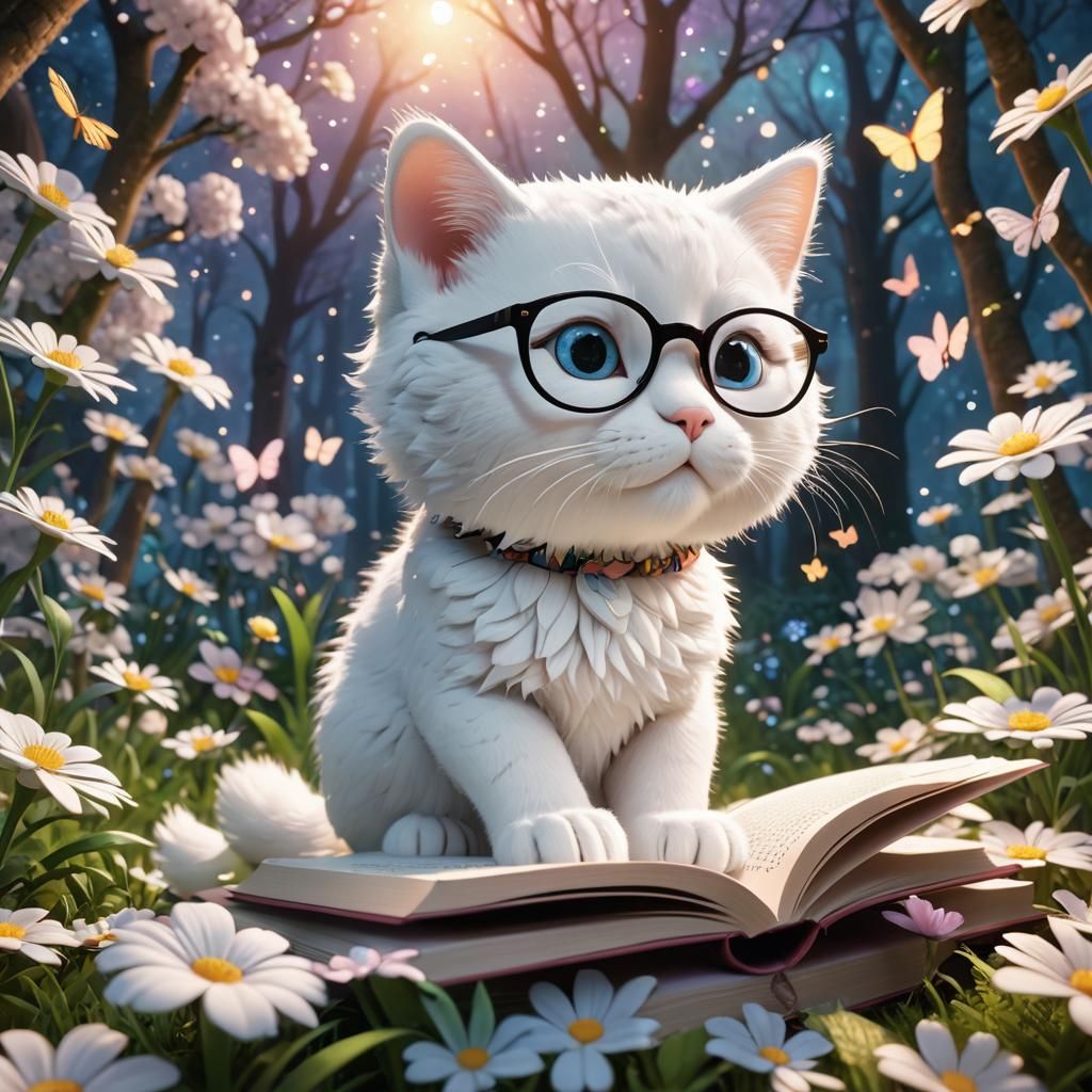 Cute Kitty Reads Book in Floral Forest: 3D Digital Art