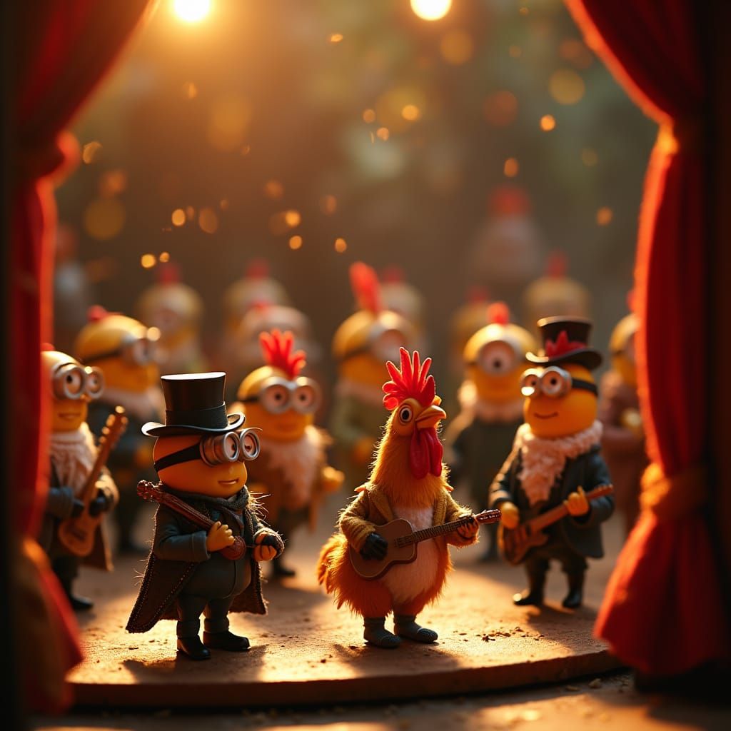 Miniature Theatre Minions and Roosters in Whimsical Tilt-Shi...