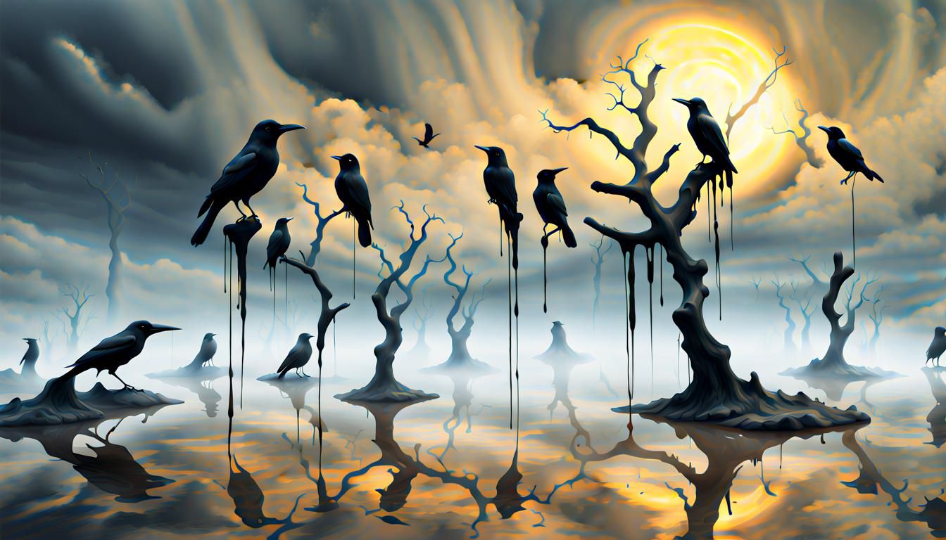 Surreal Melting Crows in Dali Style