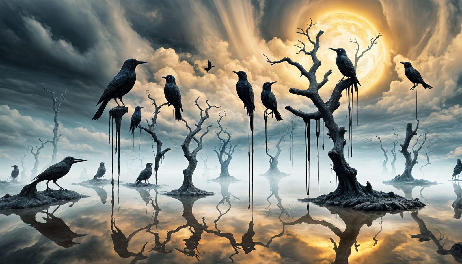 Surreal Melting Crows in Dali Style Ethereal Fantasy