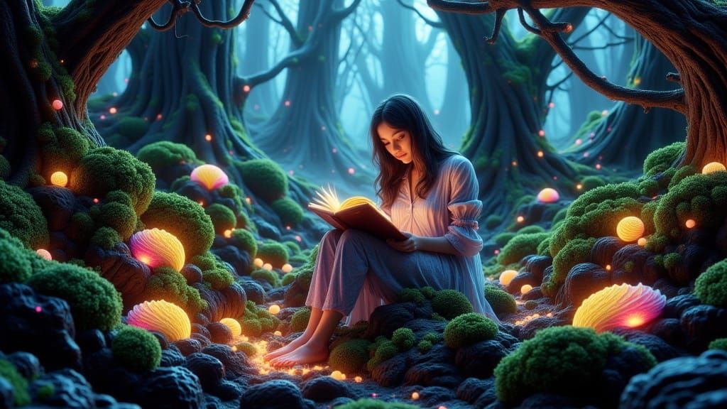 Woman Reads in Enchanted Forest: 3D Digital Art