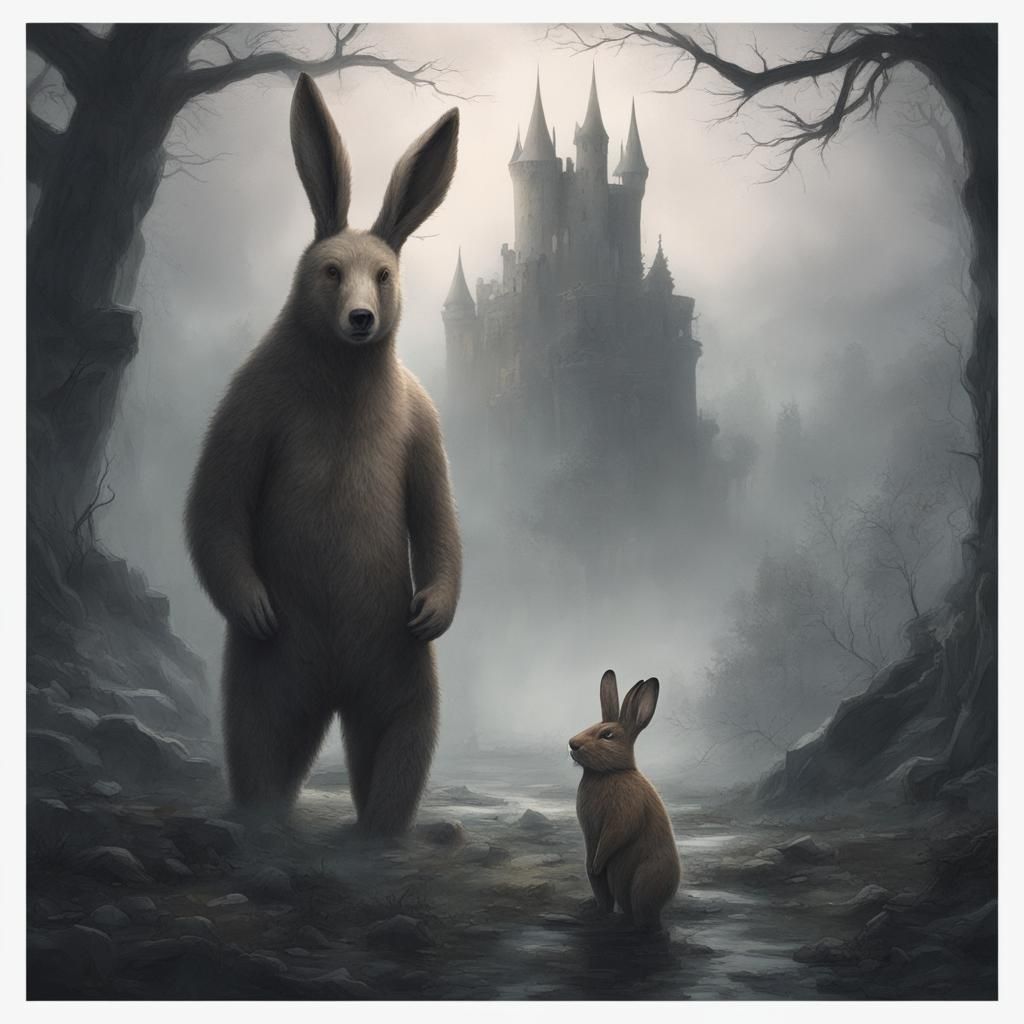 bear and rabbit and castle ruins