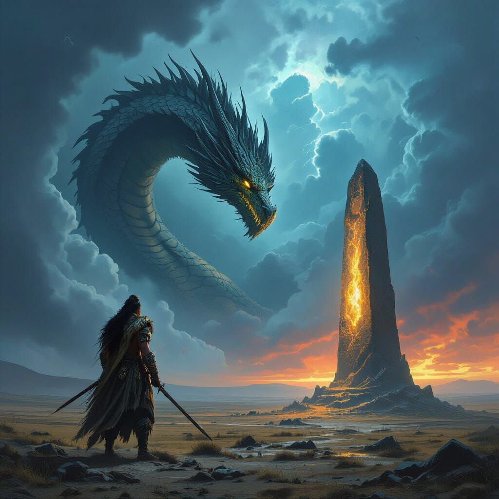 Maori Warrior Gazing at Dragon on Windswept Plain