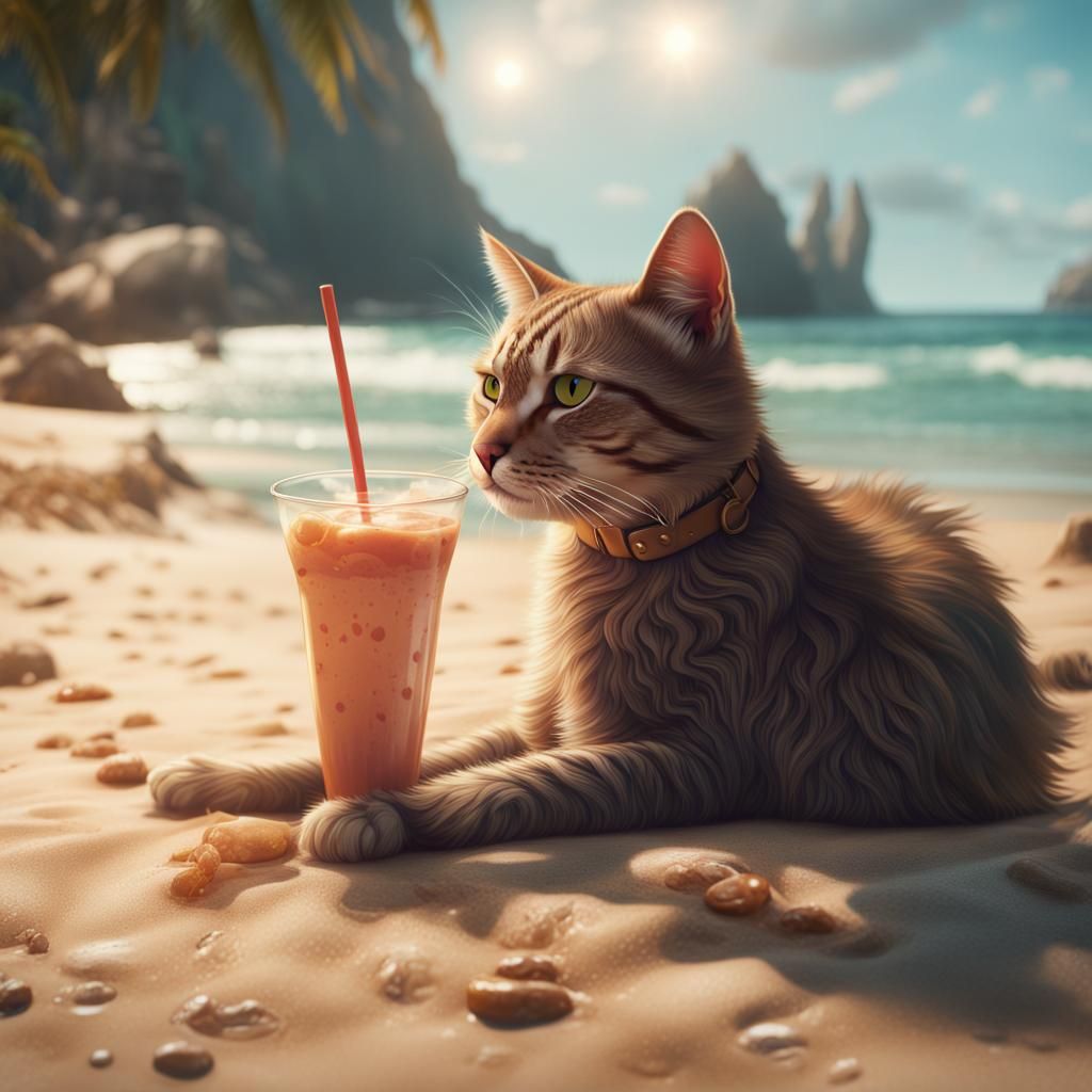 Cat on Beach Sipping Milkshake: Fantasy Concept Art