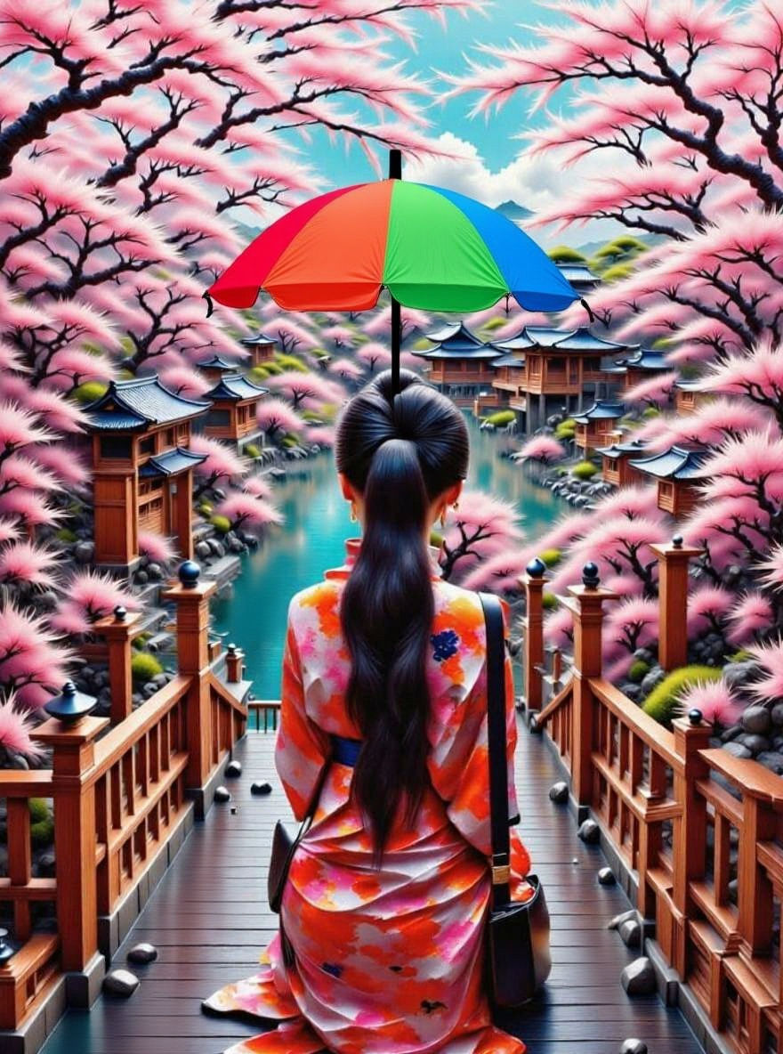 Geisha in Kimono with Cherry Blossoms and Koi