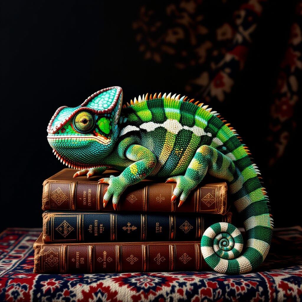Chameleon Mimics Persian Rug on Antique Books