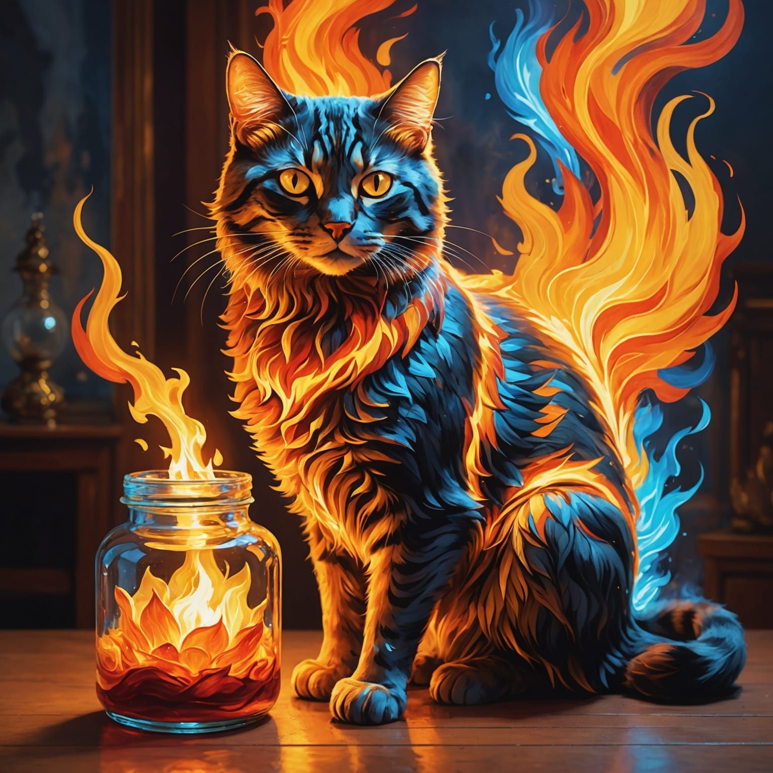 Fiery Cat Guarding Bird: Surreal Cinematic Still