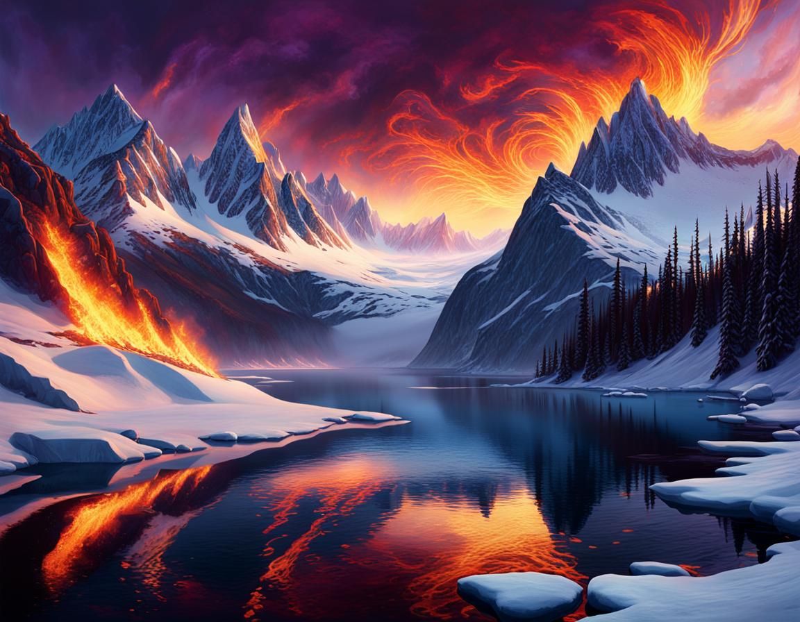 Arctic Valley Lake of Fire in Art Nouveau Style