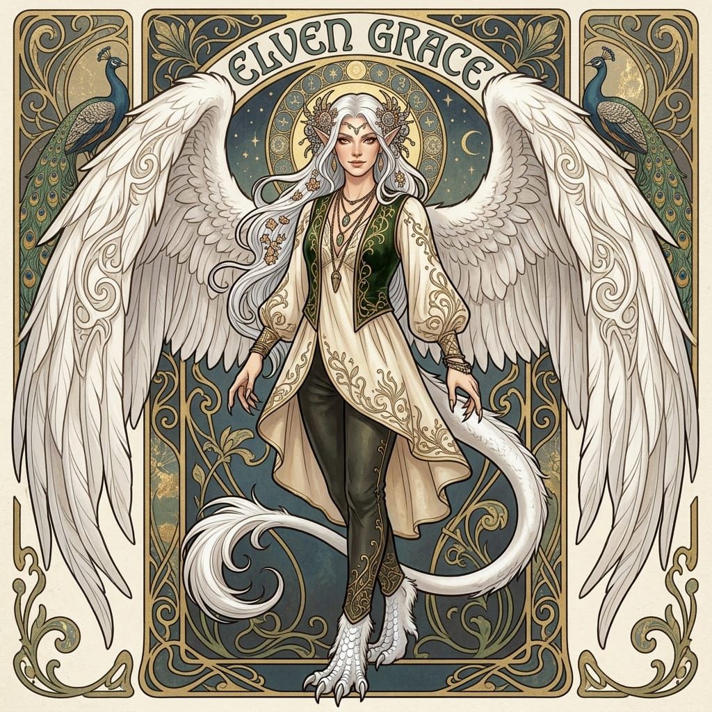 Art Nouveau Elf with Angel Wings and Dragon Feet