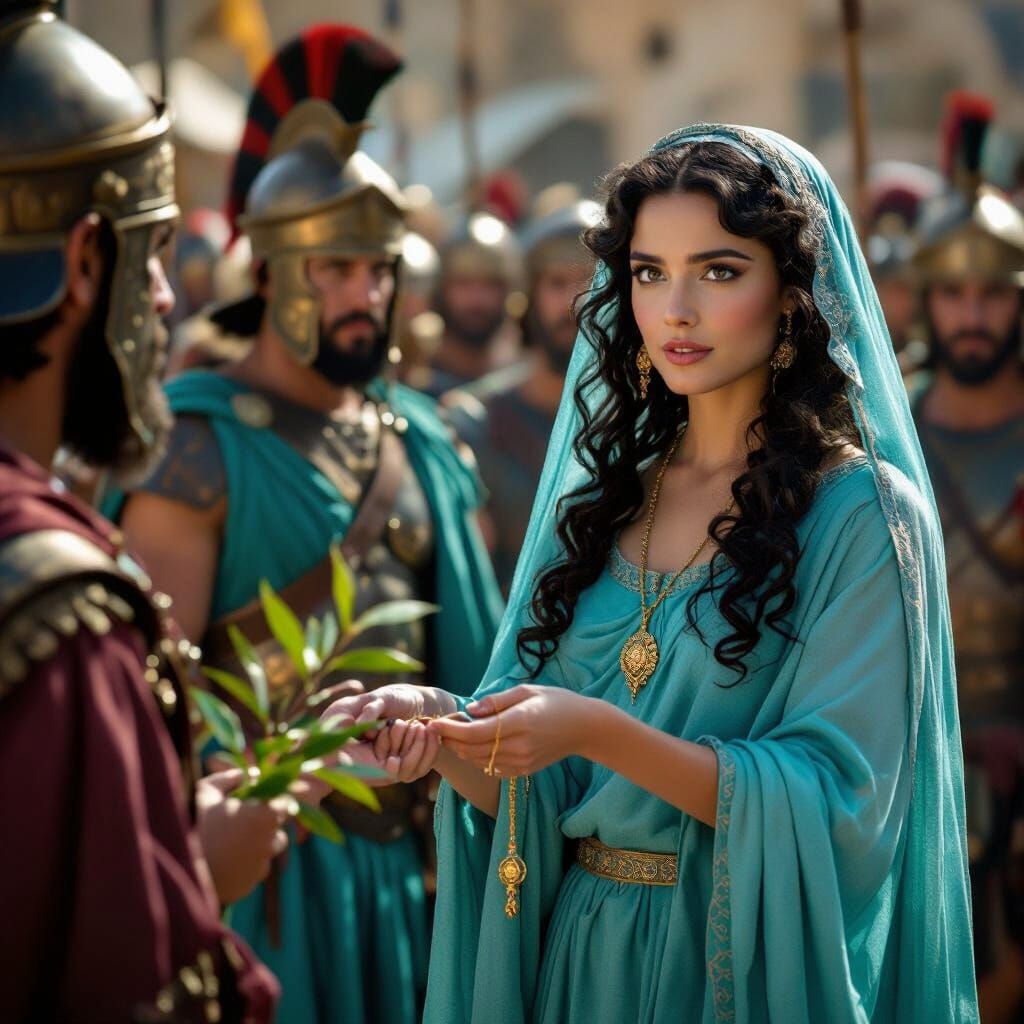 Penelope's Defiance: Achaean Camp Scene in Cinematic Style