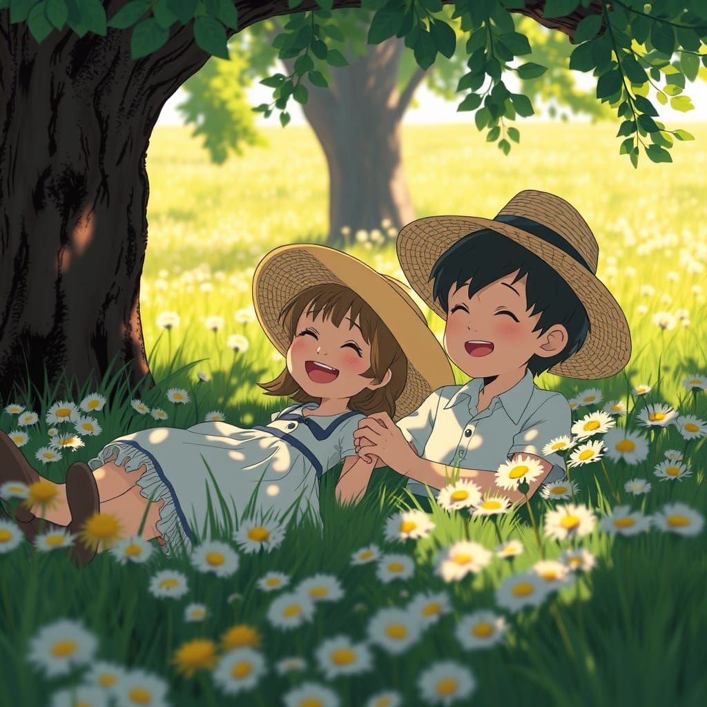 Little Girl in Dandelion Field Smiles with Boyfriend under T...