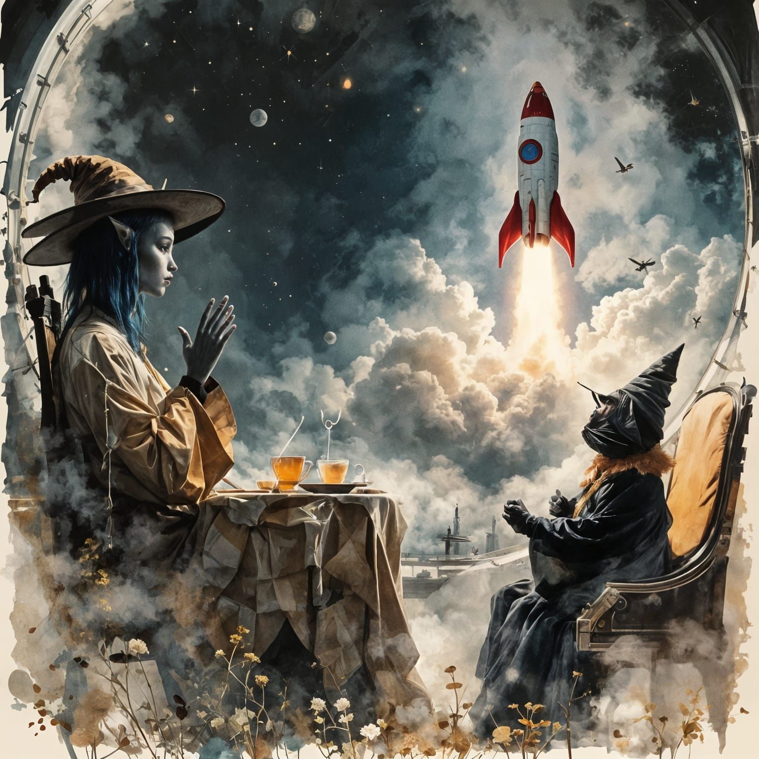 Alien Tea Ceremony in Space: A Kadinsky-Inspired Sketch