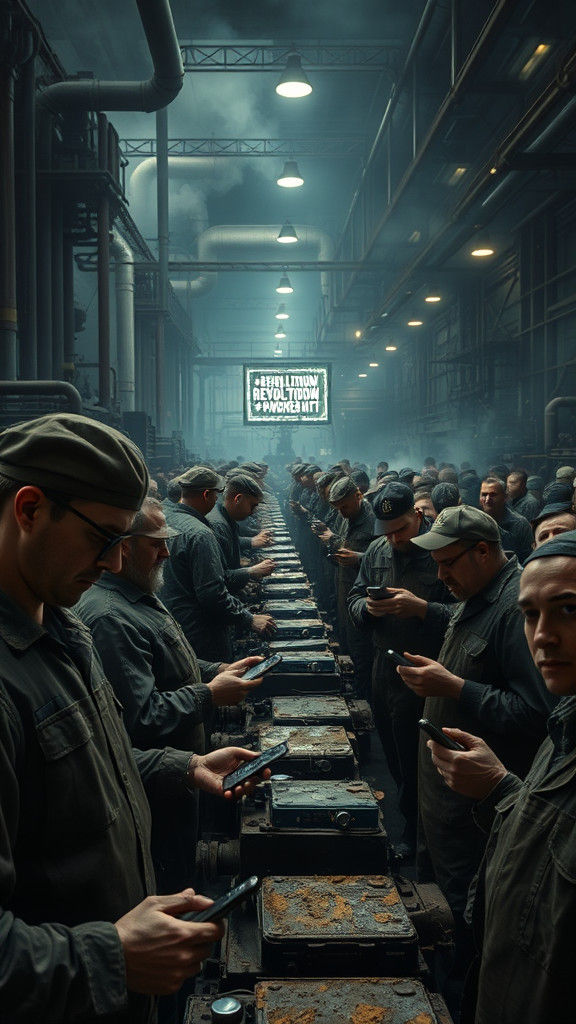 Workers in Dimly Lit Factory Hall Sharing Social Media