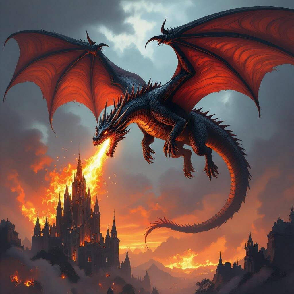 Fiery Dragon Attacks Gothic Tower in Dramatic Digital Art