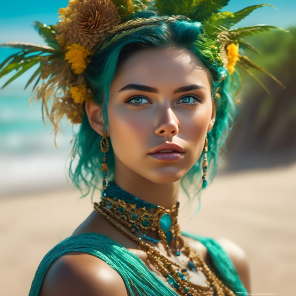 Blue-Haired Woman with Facial Tattoo on Beach