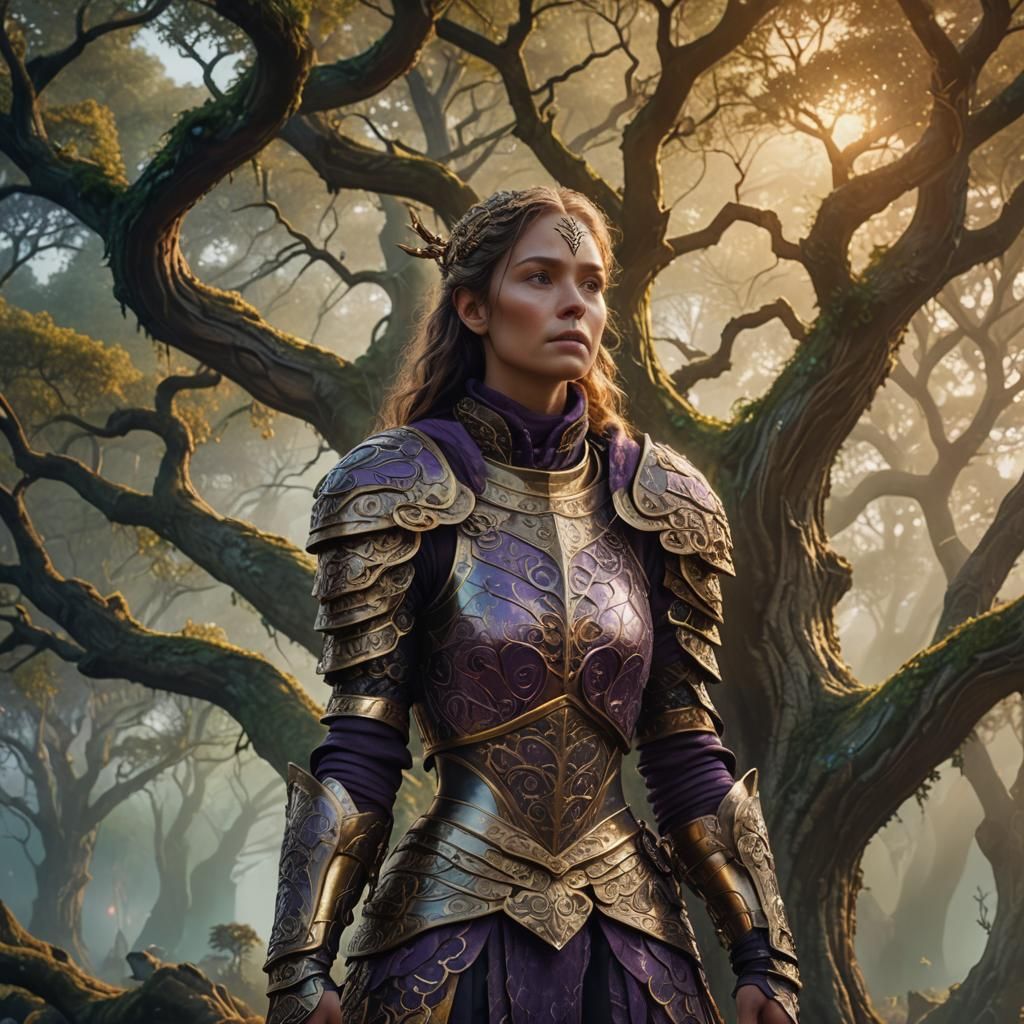 Armored Woman and Mystical Tree in Fantasy Art