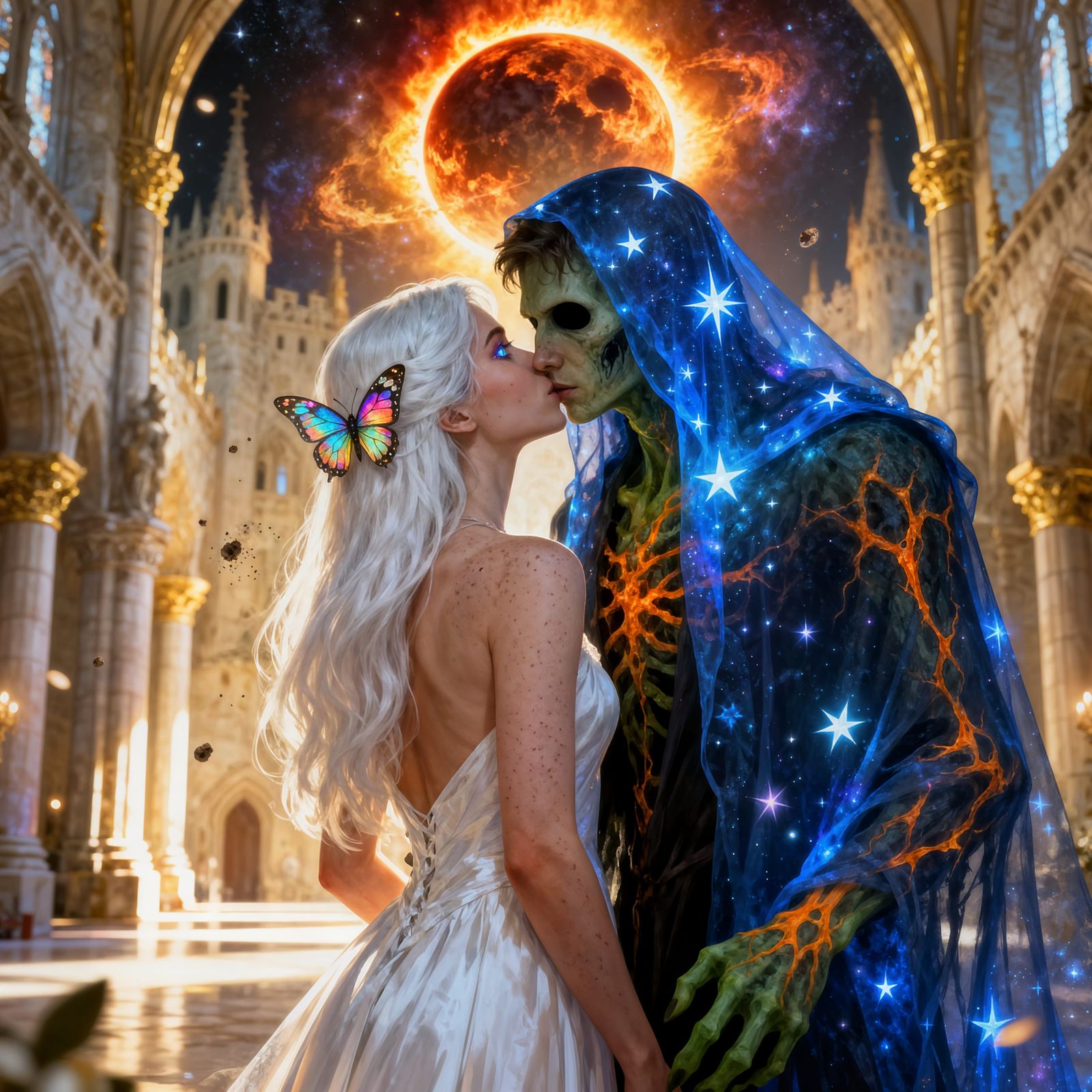 Woman and Grim Reaper Kissing in Cosmic Wedding Hall