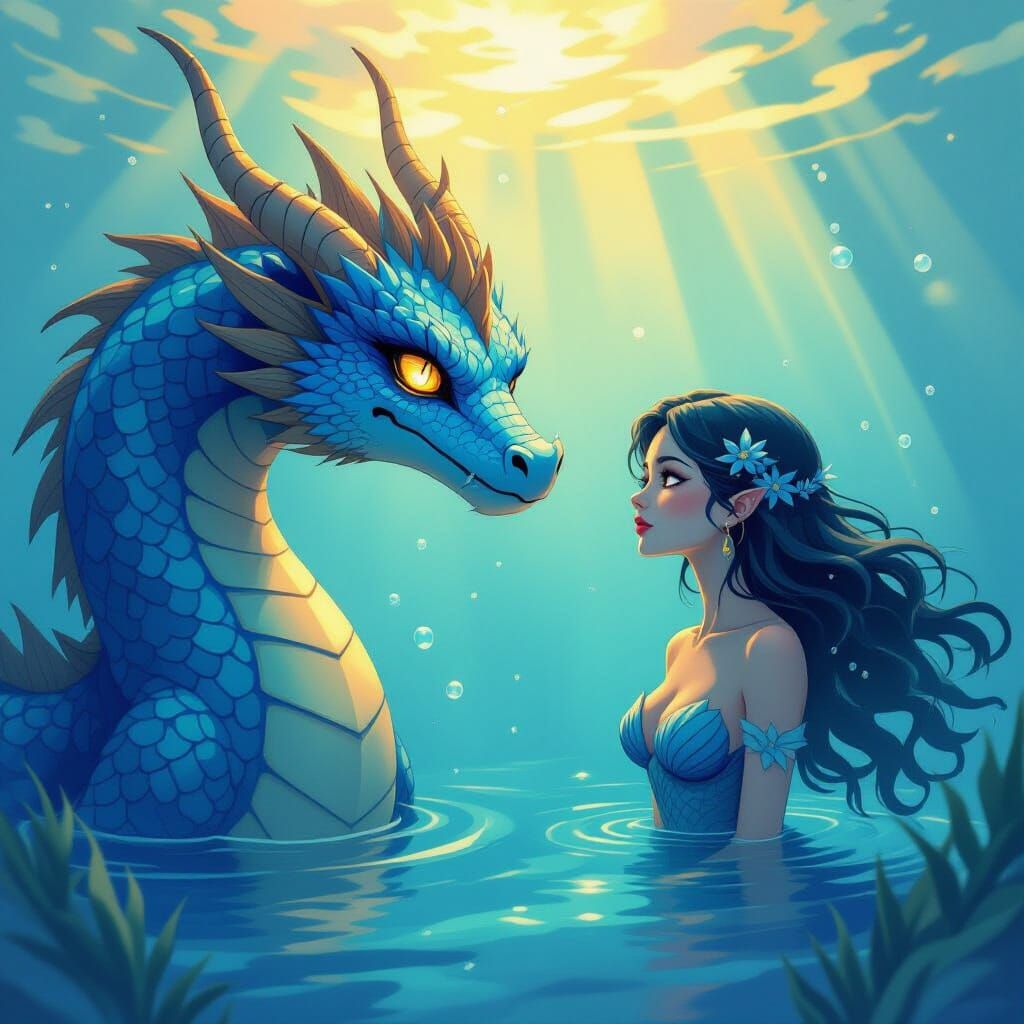 Blue Dragon Gazes at Mermaid in Ethereal Undersea Scene