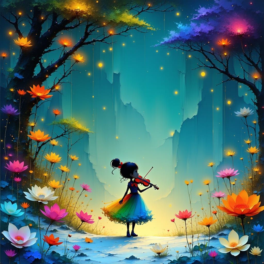 Girl Plays Violin in Enchanted Snow Garden