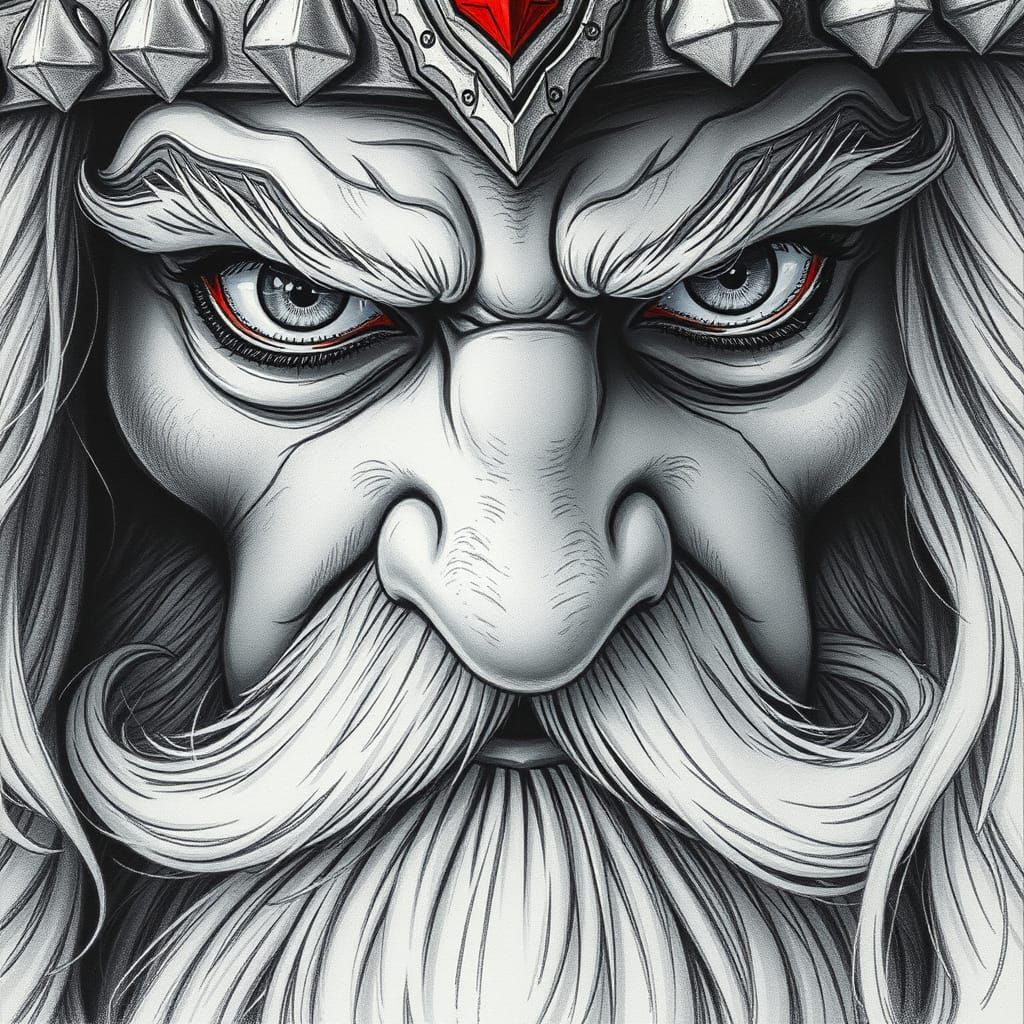 Hyperrealistic Monochromatic Dwarf King Portrait in Charcoal...